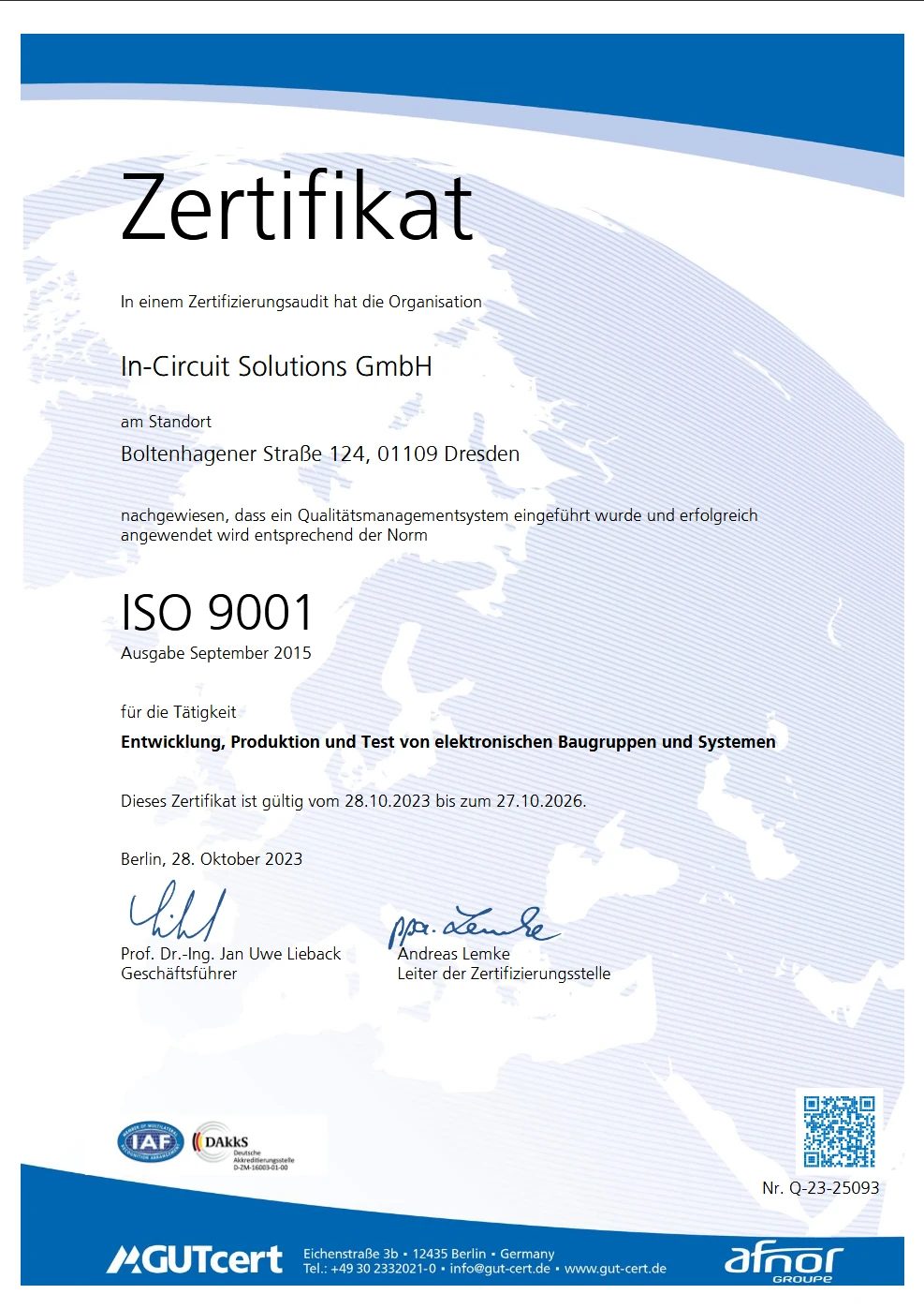 ISO-9001-Zertifikat der In-Circuit Solutions GmbH